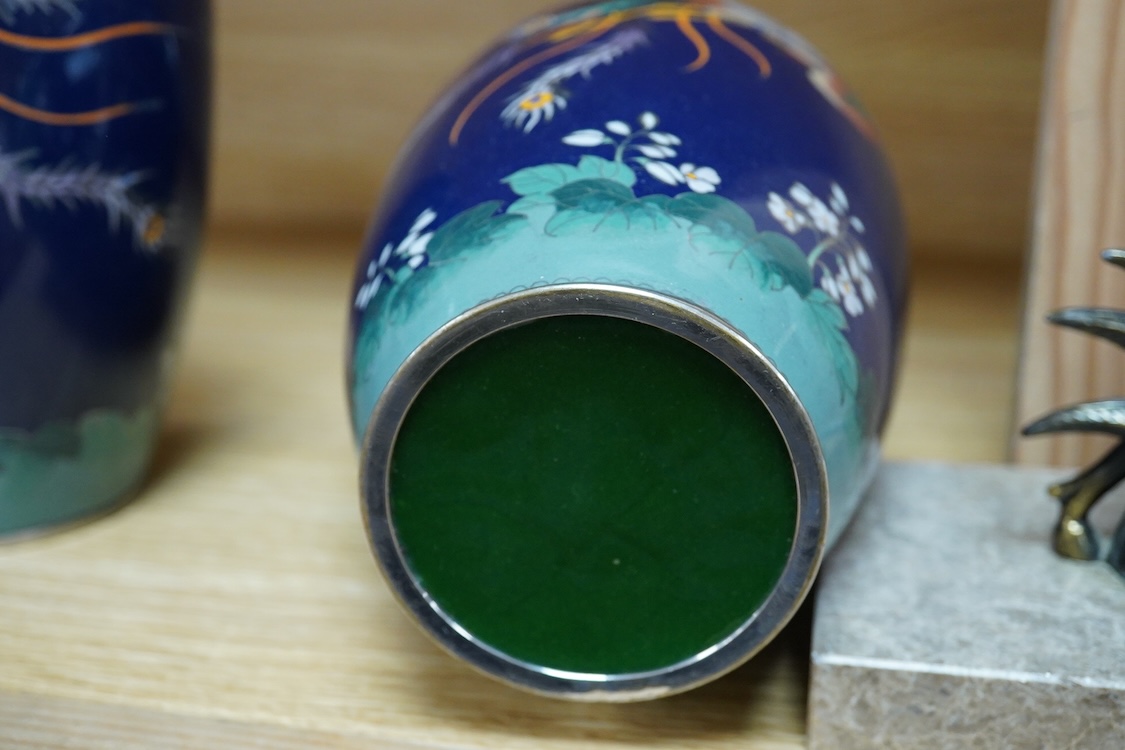 A pair of Japanese silver wirework cloisonné ‘phoenix’ vases, Meiji period (1868 - 1912), 18cm